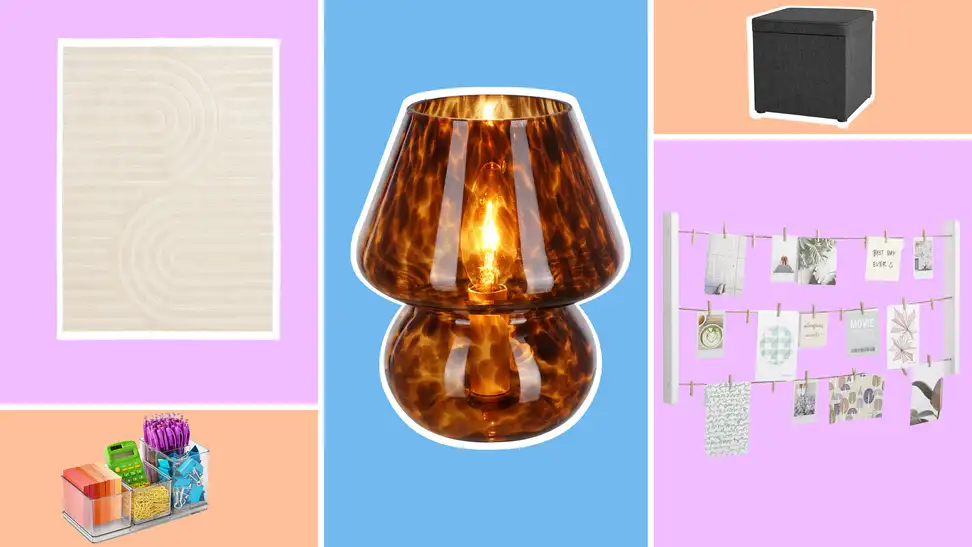 Dorm room decor items like white area rug, desk organizer, small tortoise colored mushroom lamp, cube-shaped ottoman, and clothesline picture collage.