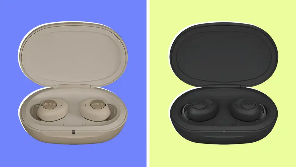 Cream and black pair of Jabra Enahnce Plus earbuds in their cases.
