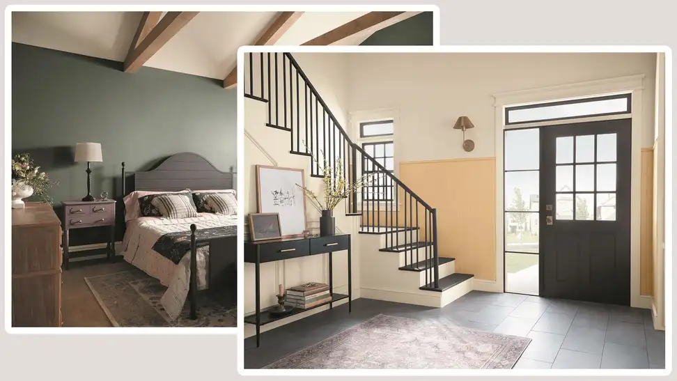 The foyer of a house and the master bedroom.