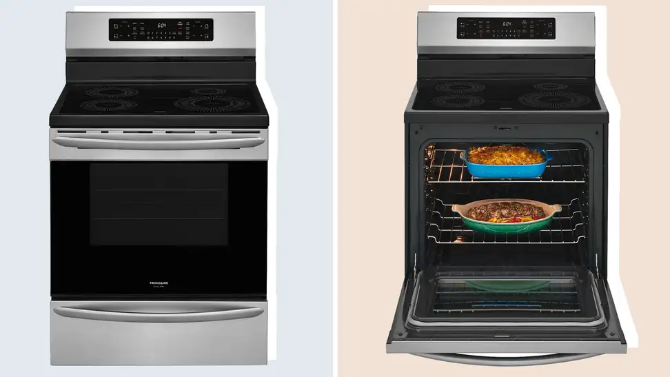 A stainless steel induction range with its oven closed and open.