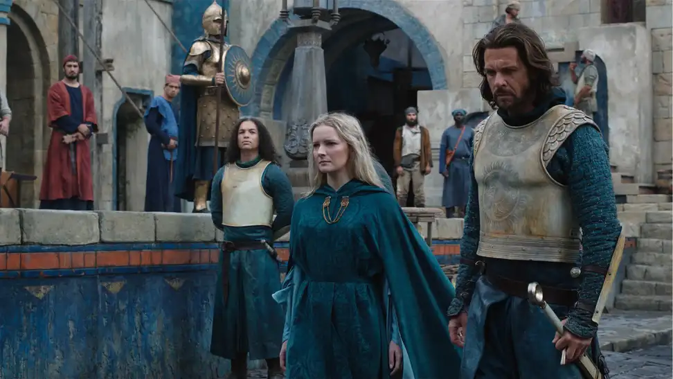 An image of Galadriel and Elendil walking through Númenor in Prime Video's "The Rings of Power."
