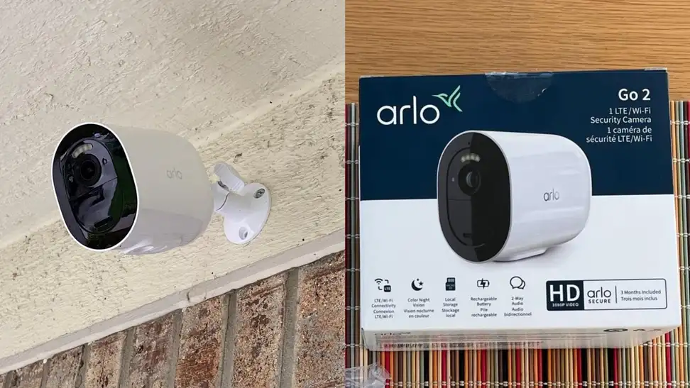 Collage shot of the Arlo Go 2 camera mounted outside a house and the retail product box.