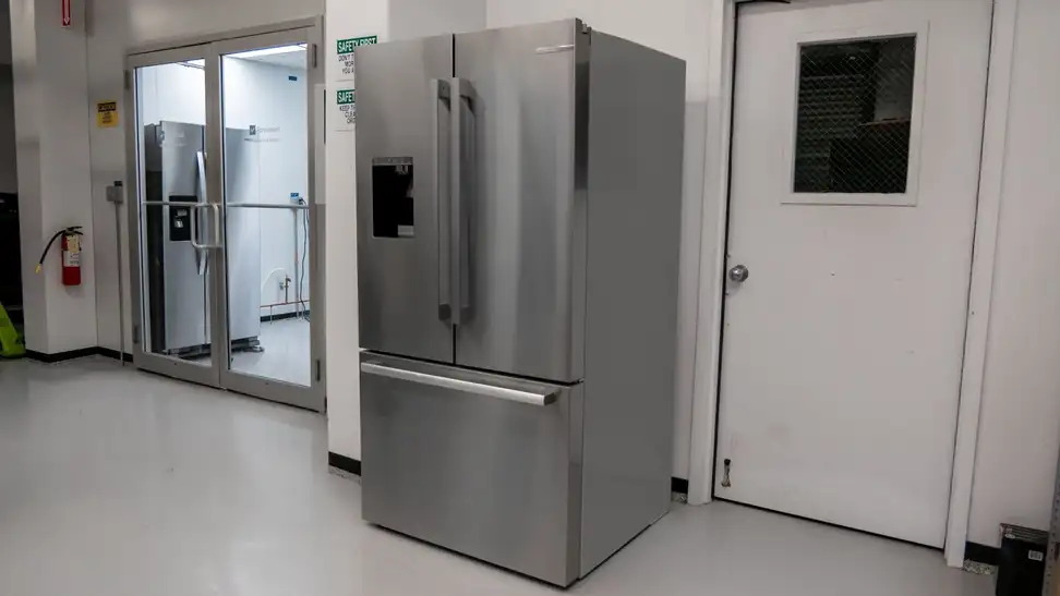 Product shot of the Bosch B36FD50SNS French-door Refrigerator in testing lab.