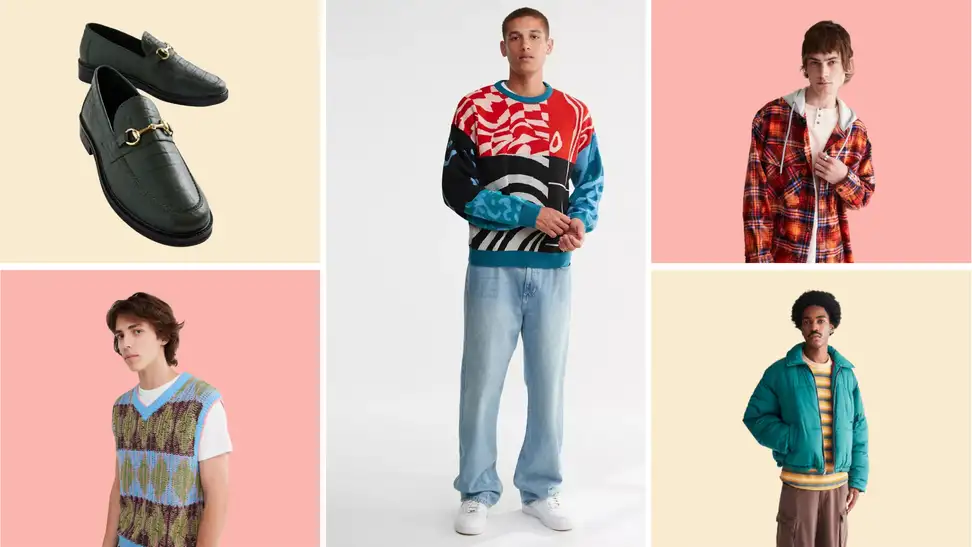 Loafers, a man in a sweater vest, a man in a sweater and jeans, a man in a flannel, a man in a puffer jacket.