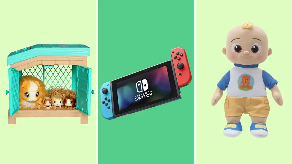 A collage of three recommended gifts including little live pets barn set, a Nintendo Switch and CoComelon doll.