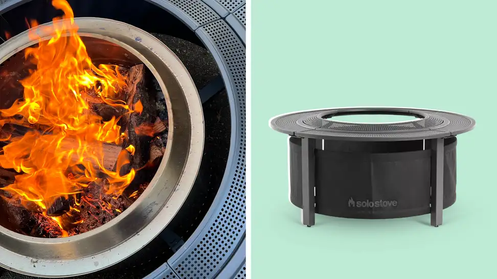 Split image of a fire in the Solo Stove Surround and a side view of the stove.