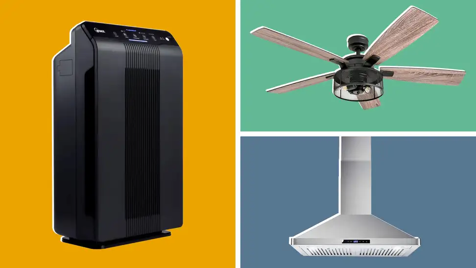 On left, black Winix 5500-2 Air Purifier. On right, Honeywell Carnegie Ceiling Fan and silver Cosmo COS-63175S Wall Mount Range Hood.