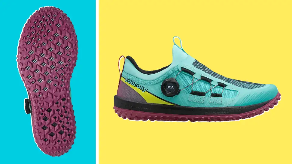 Product shot of the teal, pink, purple and yellow Saucony Switchback 2 shoe.
