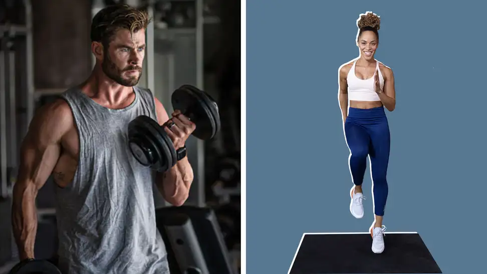 Chris Hemsworth performing bicep curls with a set of dumbbells.