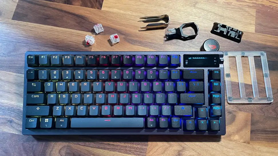 A small black keyboard flanked by keyboard parts