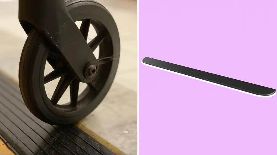 On left, wheel of wheelchair rolling over Rampit Empower Series Rubber Threshold Ramp. On right, product shot of the Rampit Empower Series Rubber Threshold Ramp.