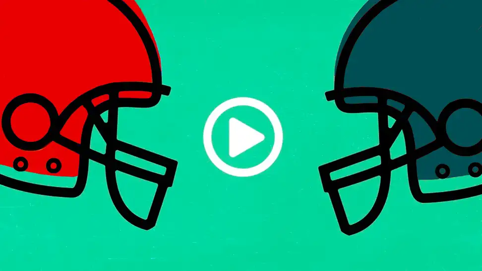 An image of two football helmets facing toward a digital "play" icon.