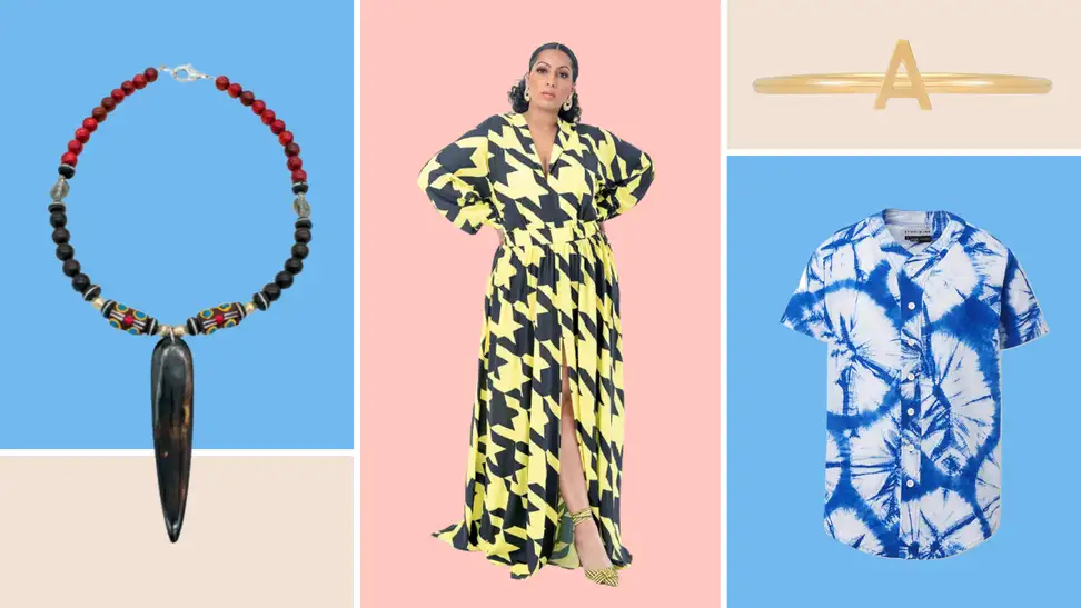 A necklace with a long central bead, a yellow houndstooth dress, a gold initial ring, and a blue dyed shirt.