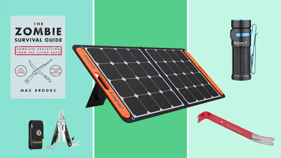 A collage of survival kit items, including a copy of The Zombie Survival Guide, a Leatherman multitool, the Jackery SolarSaga solar panel, an Olight Baton 3 LED flashlight, and a Crescent flat pry bar.
