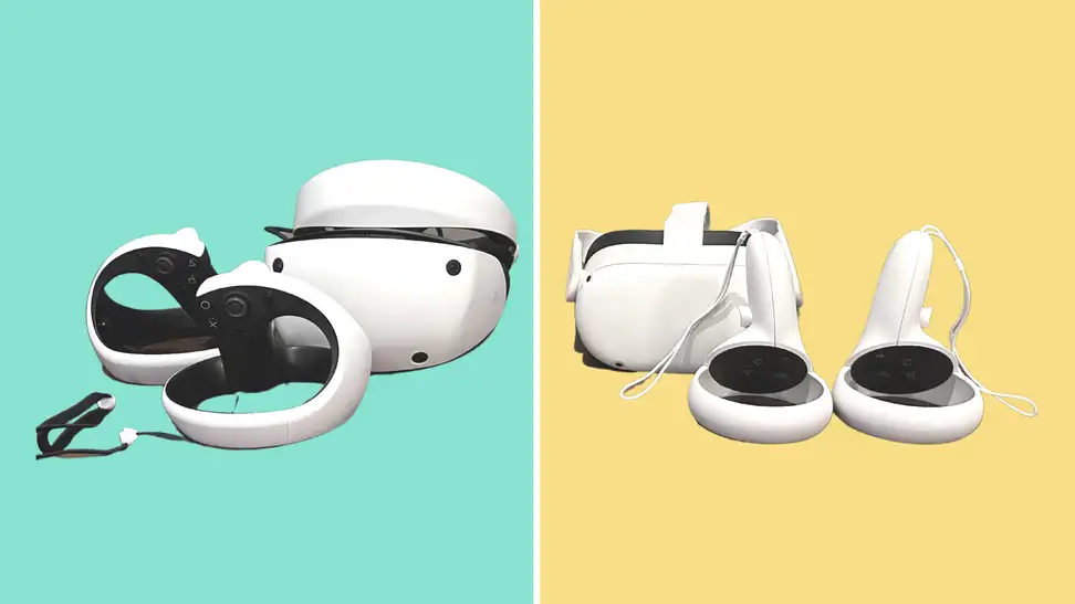 PSVR 2 vs Meta Quest 2 headset side-by-side.