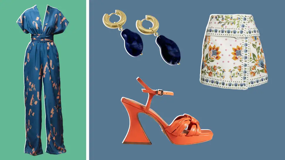 A jumpsuit, blue earrings, a skirt, an orange shoe.