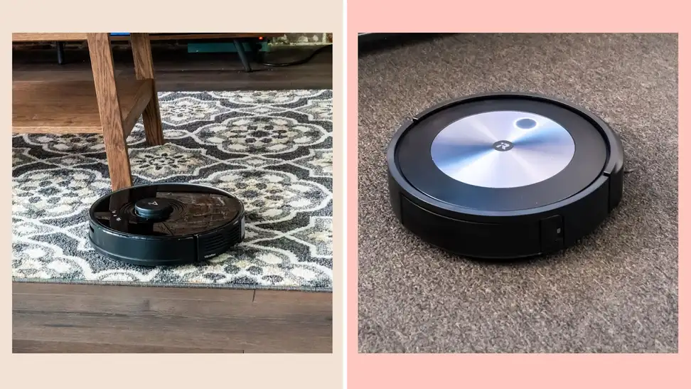The Roborock S7+ on a gray patterned rug next to an iRobot Roomba j7+ on brown carpet.