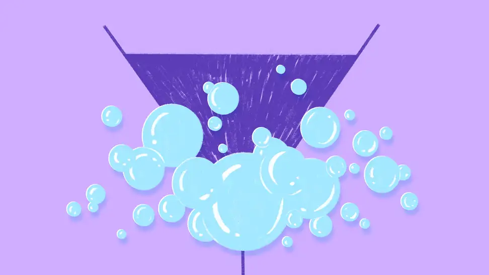 Cartoon graphic of bubbles in front of triangle.