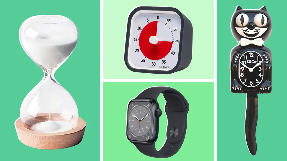 Product shots of a hourglass, a visual timer, an Apple smartwatch and cat clock.