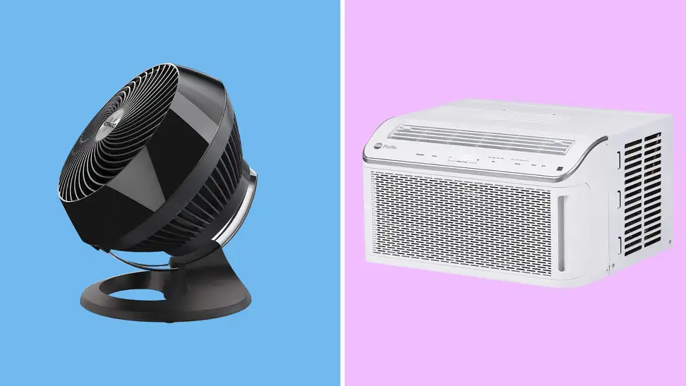 A Vornado fan and GE air conditioner against a blue and purple background