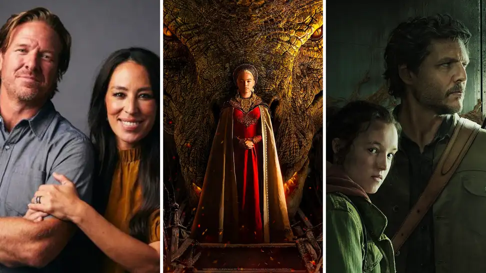 Three promotional images for series that will appear on Max, including an image of Chip and Joanna Gaines from 'Fixer Upper,' an image of Rhaenyra Targaryen from 'House of the Dragon,' and an image of Ellie and Joel standing together in 'The Last of Us.'