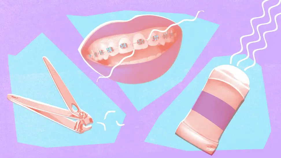 Cartoon graphic of fingernail clipper, a smiling mouth with braces, and a stick of deodorant.