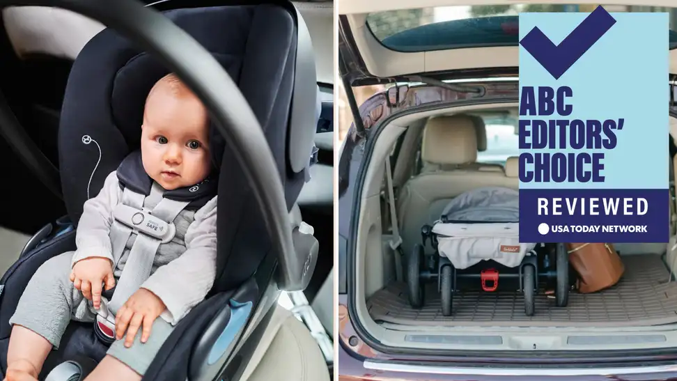 Split image of an infant sitting on a Cybex Cloud G Lux car seat and a Larktale Crossover stroller wagon in the trunk of a car with the Reviewed ABC Editors' Choice logo.