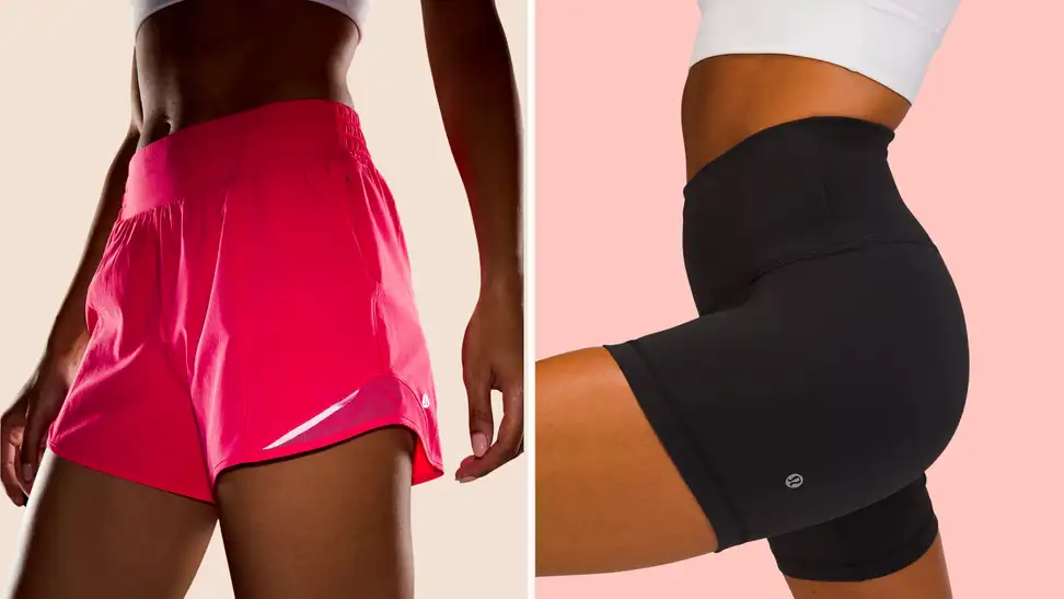 Woman wearing hot pink shorts from lululemon next to woman wearing black shorts from lululemon