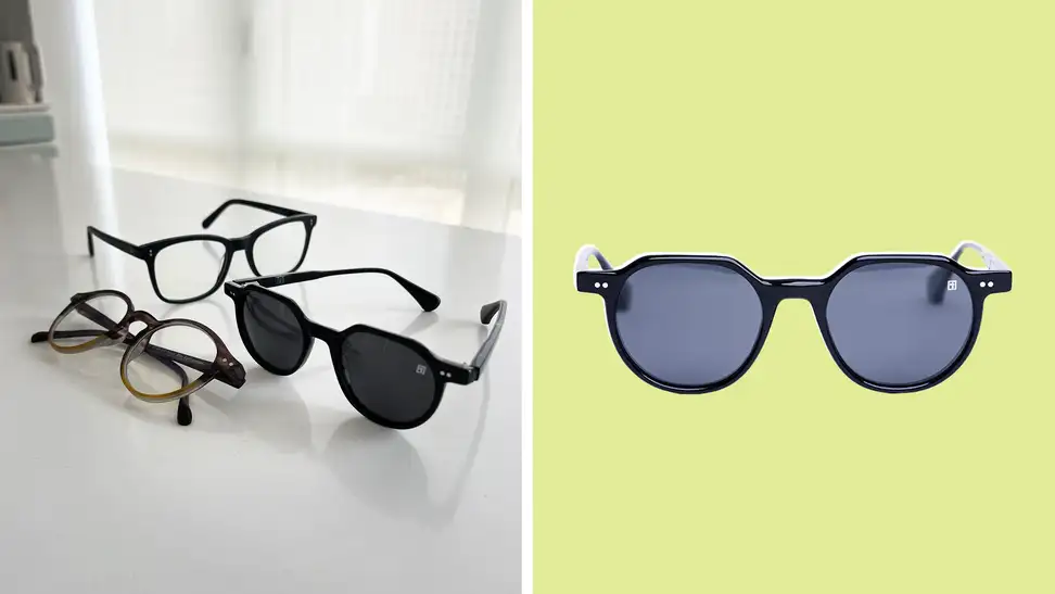 Three pairs of sunglasses on a white countertop, an image of a black pair of aviators against a green backdrop.