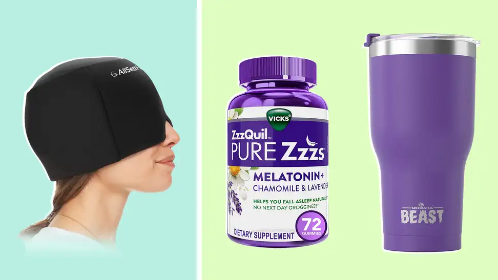 On left, person wearing the AllSett head wrap on top on eyes while smiling. On right, bottle of Vick's melatonin sleep aid next to the Beast tumbler cup in purple.
