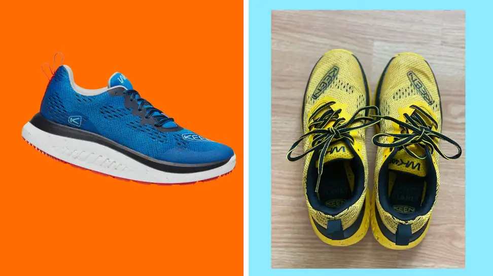 A blue Keen WK400s on one side on an orange background. A photo of a yellow pair of Keen WK400s on the other side on a blue background.