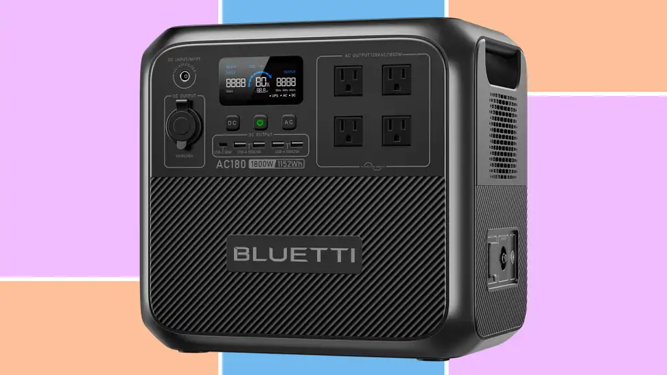 Bluetti AC180 power station on a pink, blue, and orange background