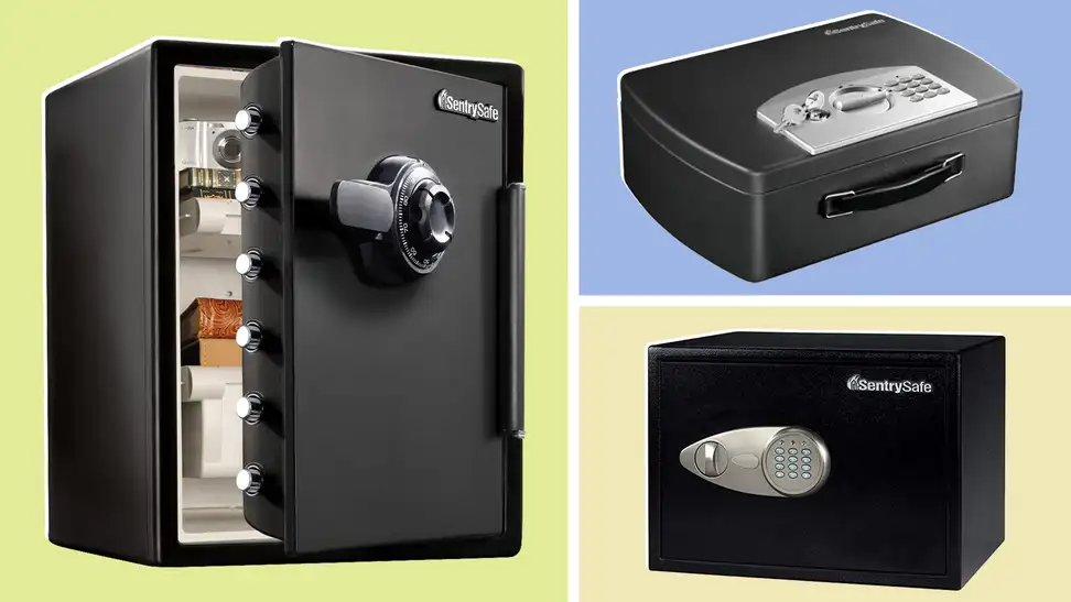 Product shots of the SentrySafe SFW205CWB Fireproof Waterproof Safe, Portable Safe Box and Safe Home Safe.