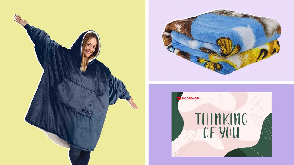 On left, model wearing oversized navy blanket sweatshirt. On right, folded fleece blanket and Doordash gift card.