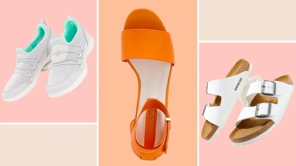 Three pairs of summer shoes from QVC on a pink and orange background