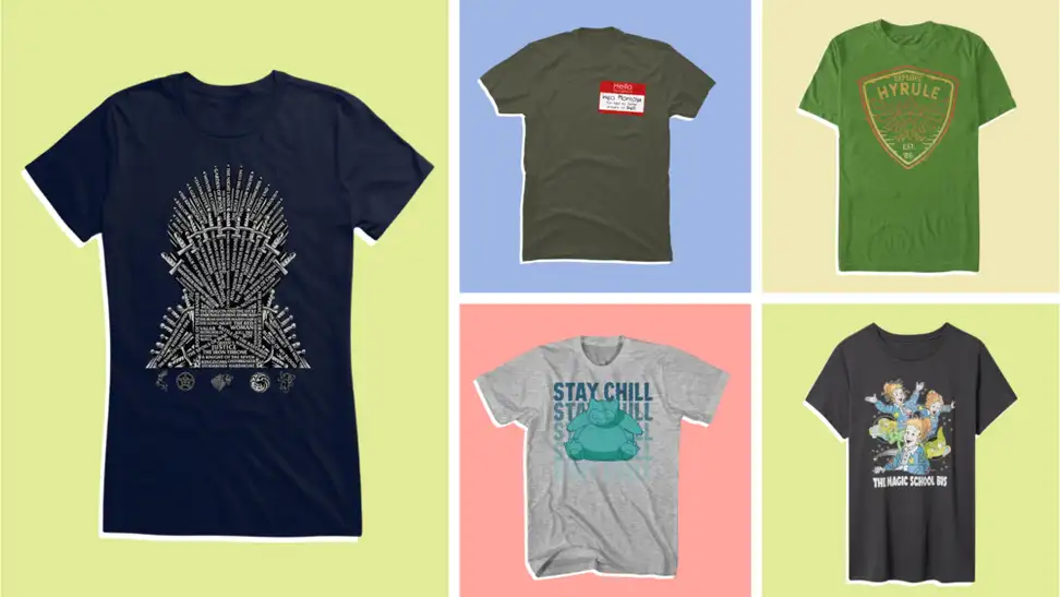 Various fandom related t-shirts.