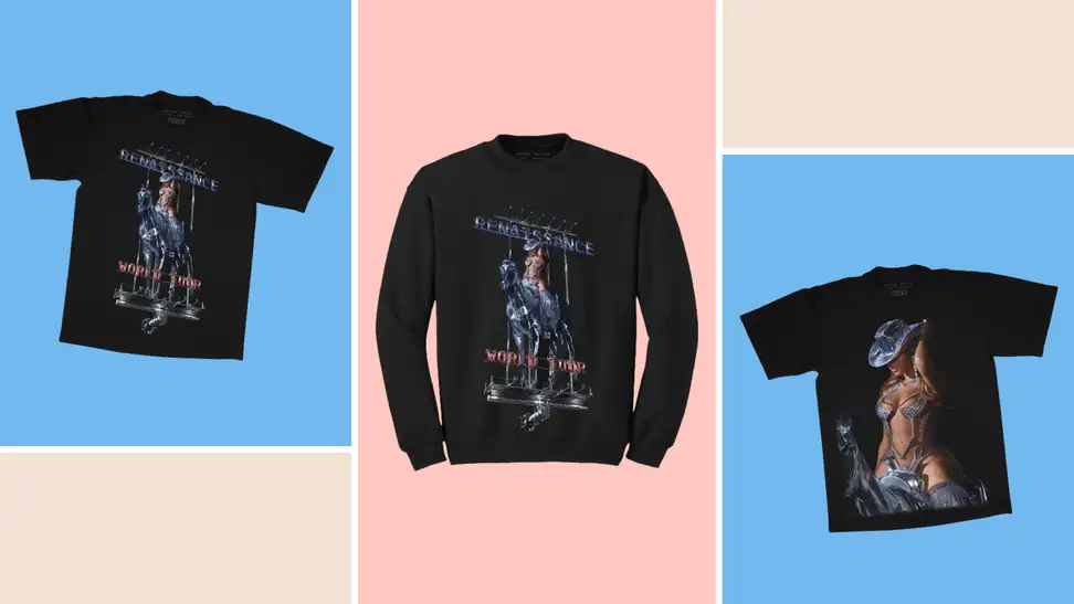 Two t-shirts and one sweatshirt collaged against a pink and blue background. The shirts feature an image of Beyonce in a silver cowboy outfit.