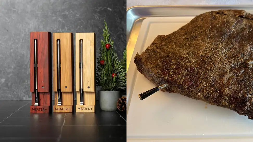 A Meater set next to an image of one of the thermometers inside a piece of steak.
