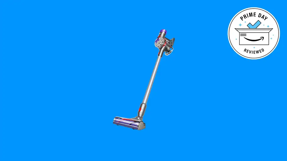 The Dyson V8 Absolute cordless vacuum on a blue background.