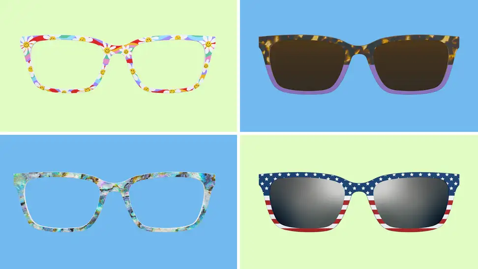 Eyeglasses and sunglasses on blue and green background