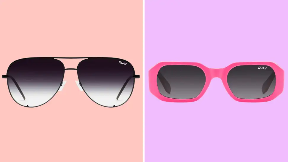 Two pairs of sunglasses on bright pink and purple backgrounds. The first pair are a pair of black-rimmed aviators with black-to-gray lenses, and the second pair are a pair of narrow hot pink sunglasses.