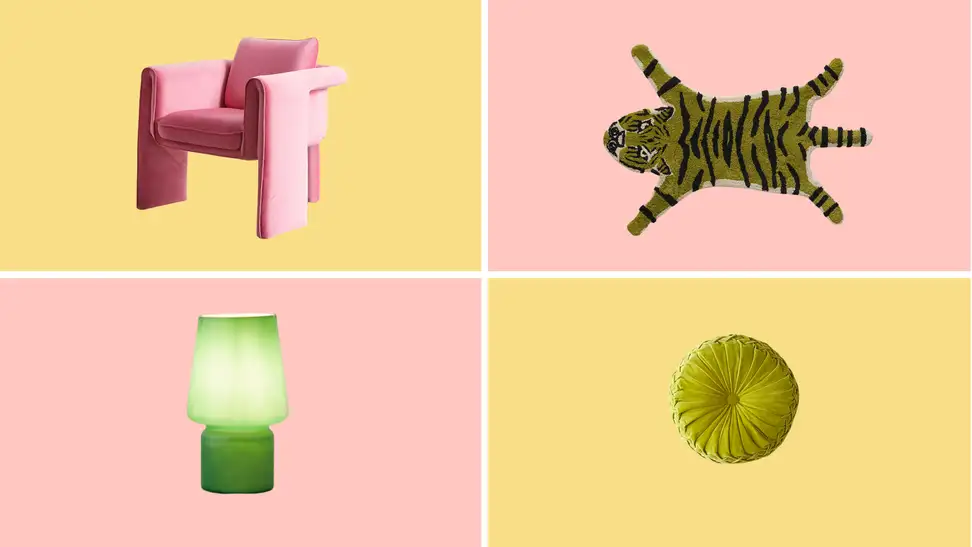 Floria Velvet chair, Tiger Mat, Little Glass Table Lamp, Round pillow