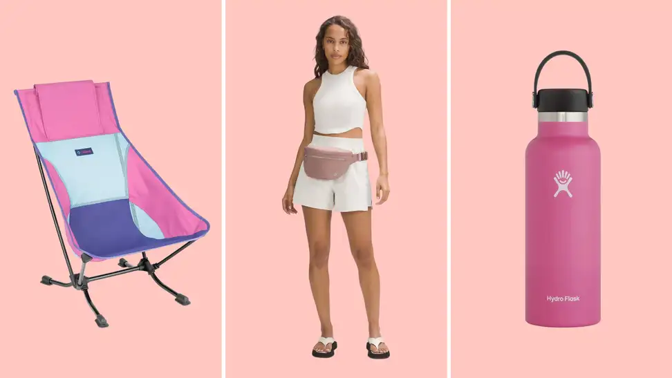 Three different pieces of gear including a beach chair in pink and blue, a person wearing a lululemon nude pink belt bag and a pink Hydro Flask water bottle with a handle.