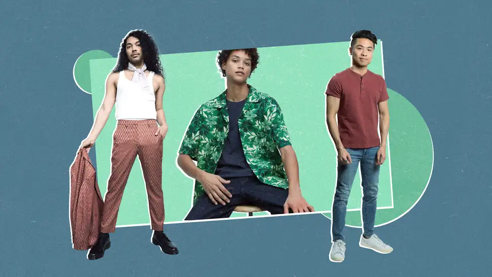 A model wears a printed pair of pants, another model is in a botanical green printed shirt, and a model wearing a red T-shirt and blue jeans.