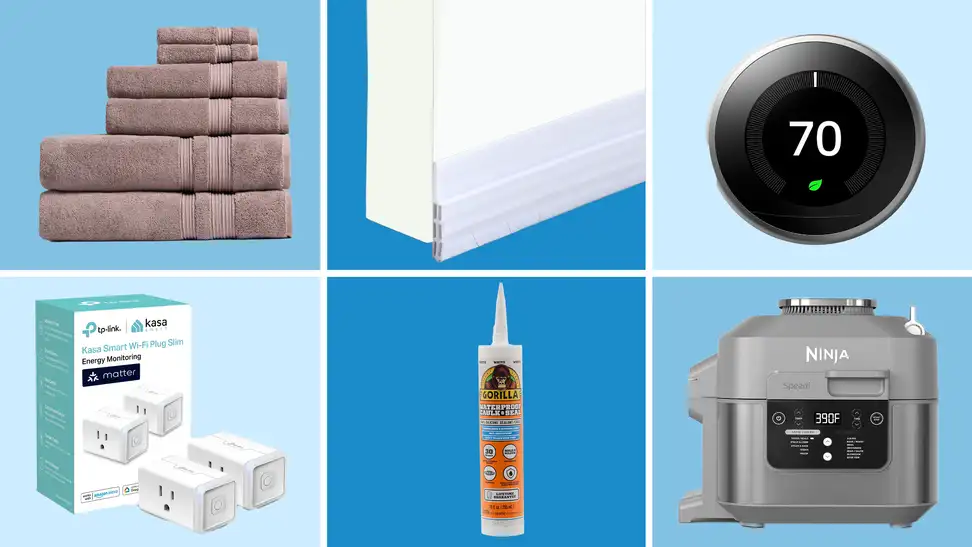 On top, collage of stack of different-sized towels in plum color, door stopper on bottom of white door, Ring thermostat with temperature on screen. On bottom, two white smart plugs next to tube of caulk material and gray air fryer.