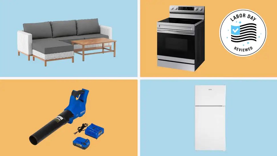 Various Lowe's products on a colored background.
