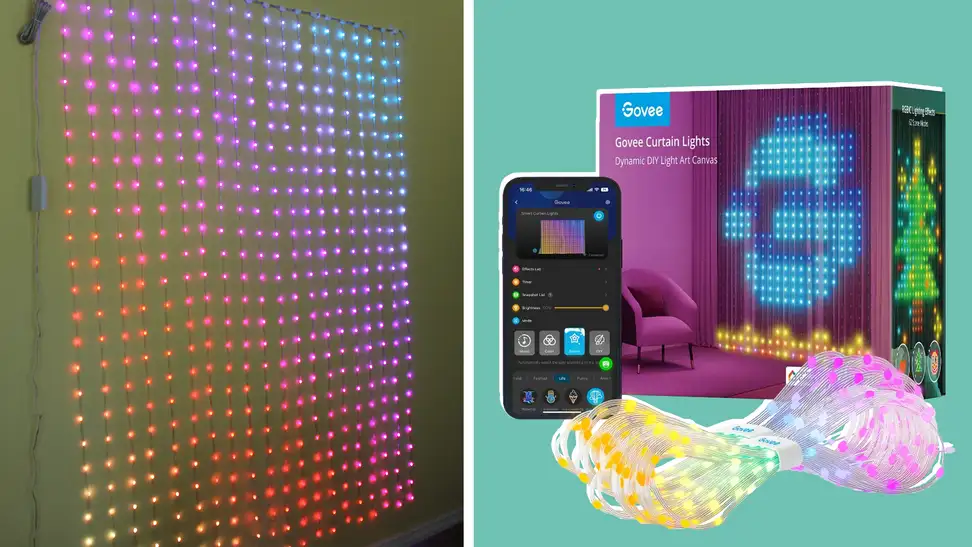 A collage featuring the Govee Curtain lights in multiple colors and the packaging.