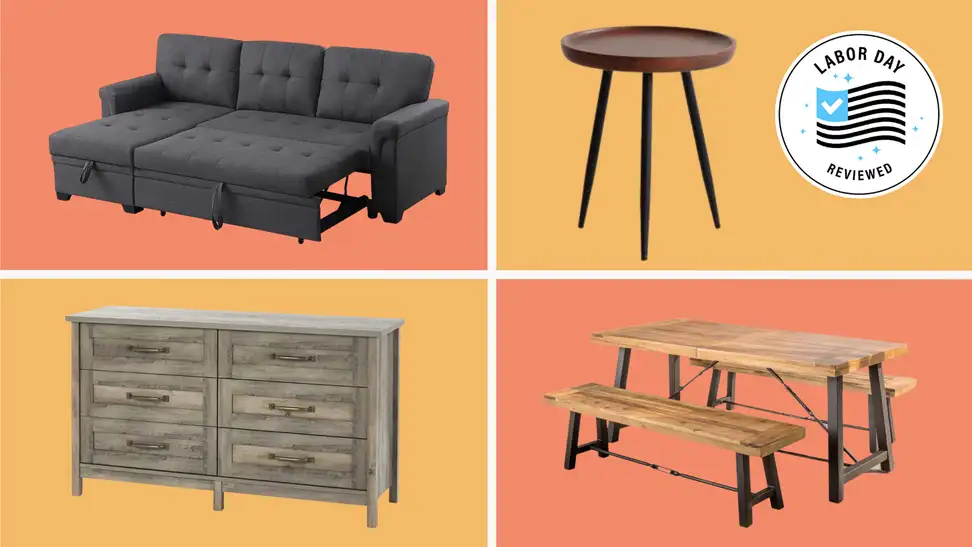 Four furniture pieces in front of multi-colored backgrounds.
