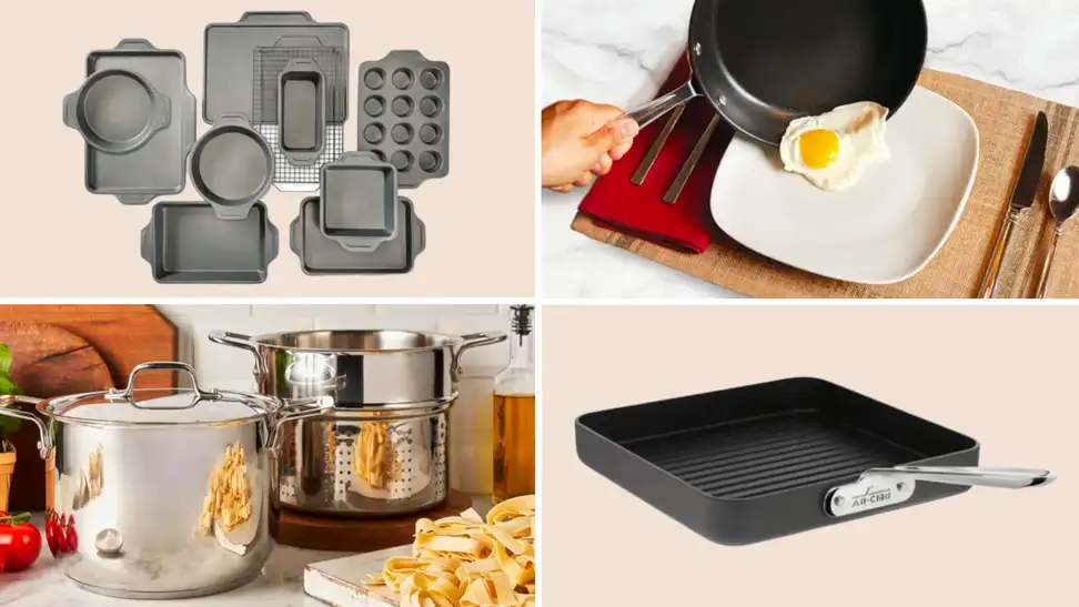 Collage of All-Clad cookware including pots, pans, and bakeware.