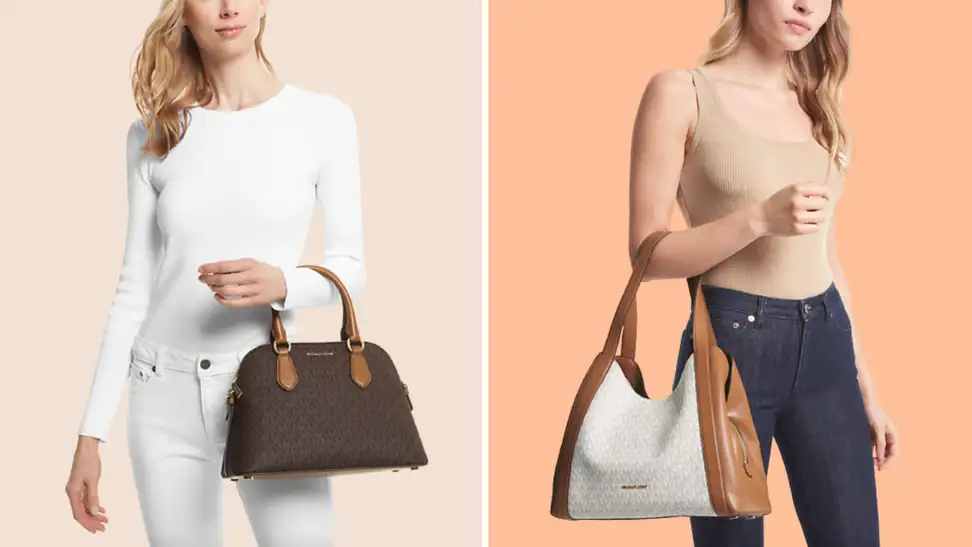 Two women holding Michael Kors purses on a colored background.